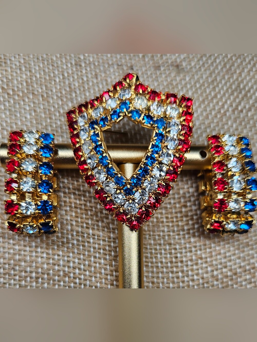 Gold-Tone Red White Blue Rhinestone Shield Brooch Folded Rectangular Earring Set